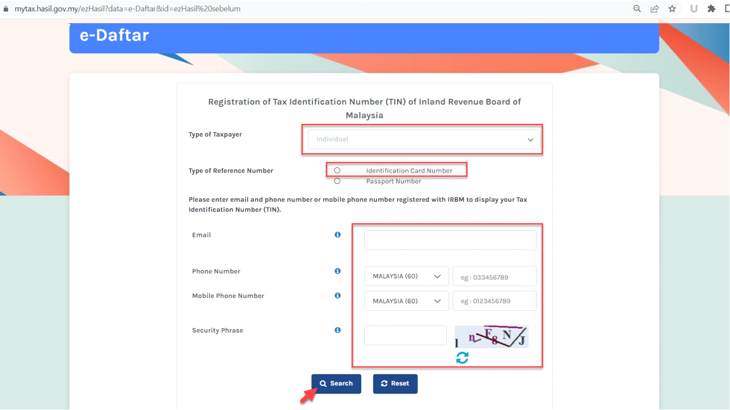 Search income tax number online - Step 2